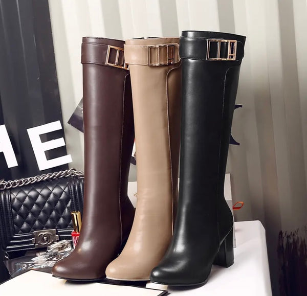 Women Fashion Faux Leather Buckled Knee High Boots