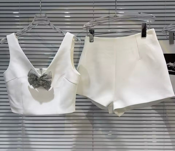 Women Sexy Sleeveless Bling Bow Two Piece Short Set