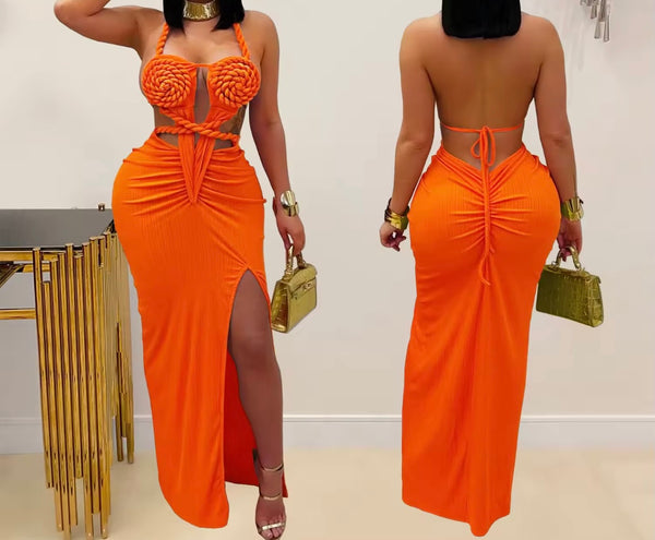 Women Halter Sleeveless Open Back Color Sexy Maxi Dress
