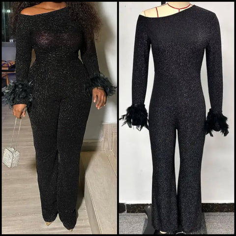 Women Sexy Black Feather Full Sleeve Sparkly Jumpsuit