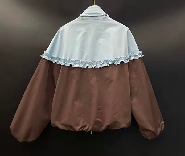 Women Color Patchwork Bow Jacket Two Piece Short Set