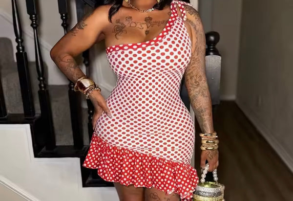Women Sexy Tie Up One Shoulder Sleeveless Polka Dot Dress