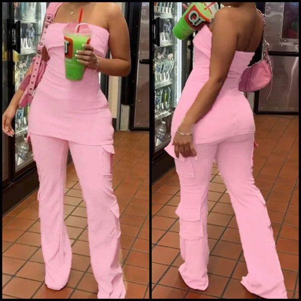 Women Pink Strapless Sexy Two Piece Pant Set