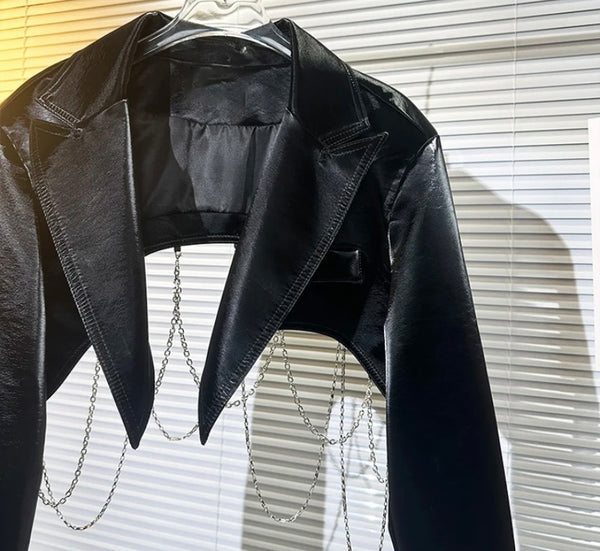 Women Black Fashion Chain Faux Leather Crop Jacket