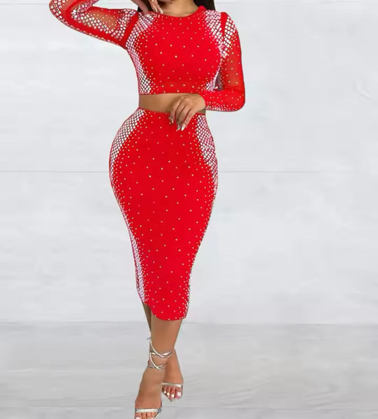 Women Sexy Solid Color Bling Full Sleeve Crop Two Piece Skirt Set