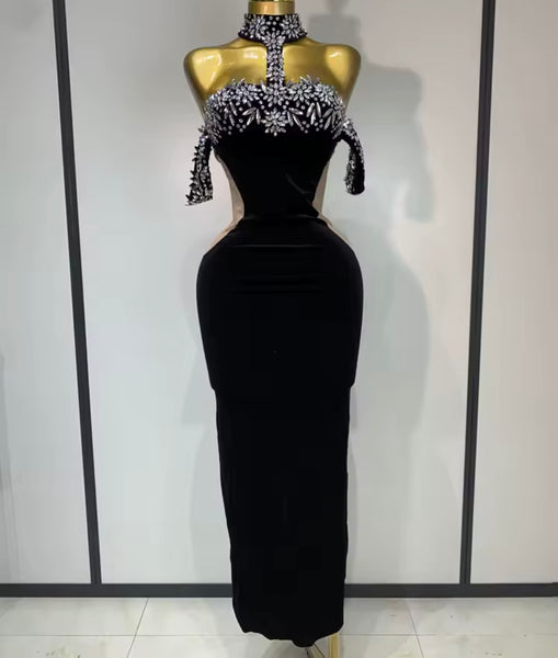Women Black Rhinestone Velour Sexy Maxi Dress