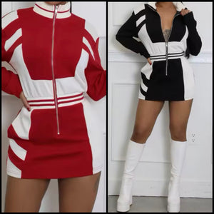 Women Fashion Zip Up Striped Full Sleeve Dress