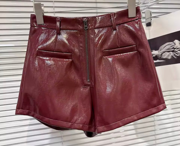 Women Fashion Zip Up High Waist Faux Leather Shorts