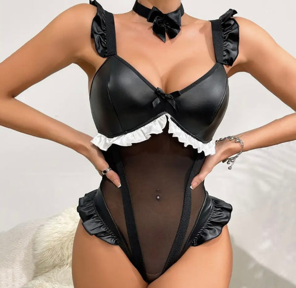 Women Sexy B&W Ruffled Mesh PU Patchwork Bodysuit Lingerie