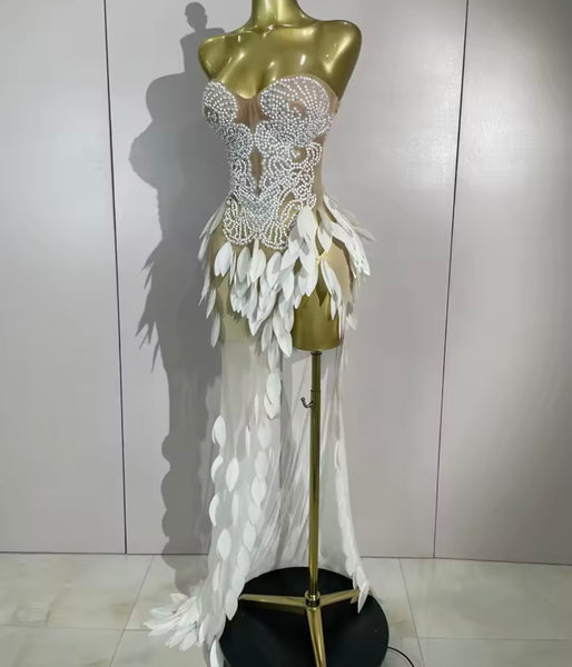 Women Sexy Strapless Beaded Sequins Side Split Maxi Dress