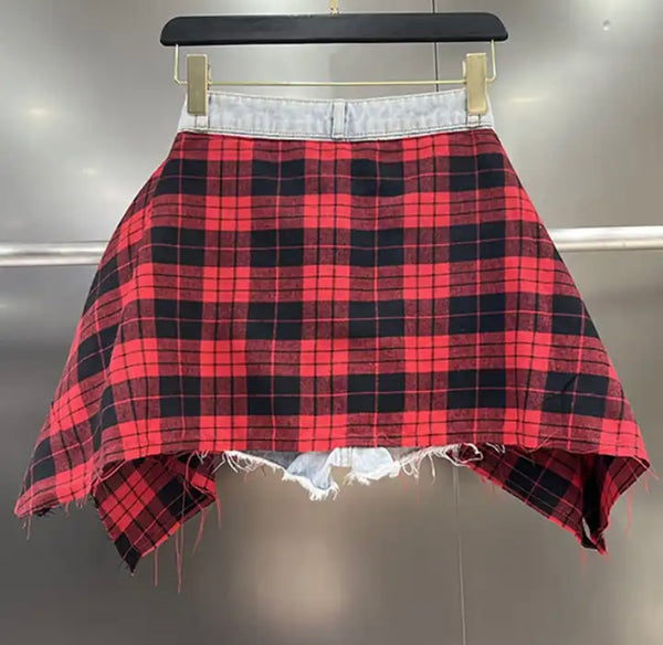 Women Fashion Plaid Patchwork Denim Shorts