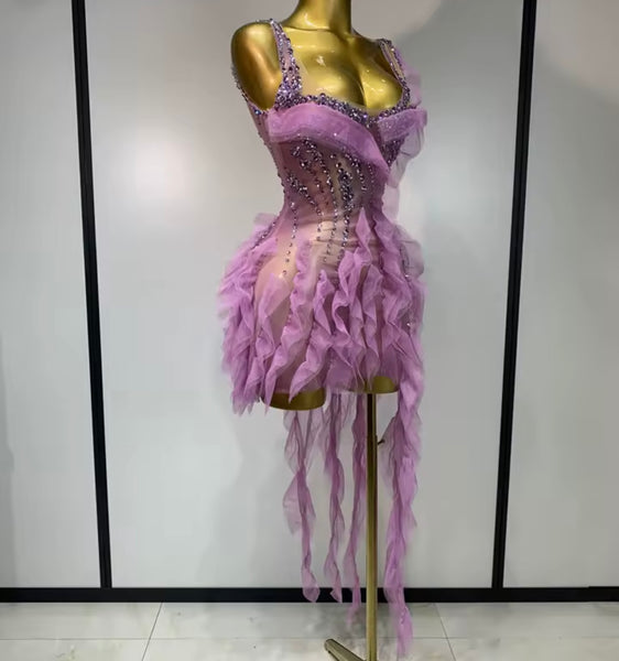 Women Sexy Lavender Ruffled Bling Sleeveless Tassel Dress
