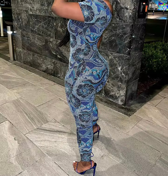 Women Sexy Off The Shoulder Short Sleeve Blue Printed Jumpsuit