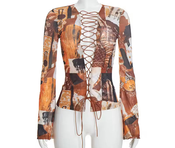 Women Sexy Cut Out Lace Up Full Flare Sleeve Top