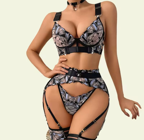 Women Sexy Choker Printed See Through Mesh Lingerie Set