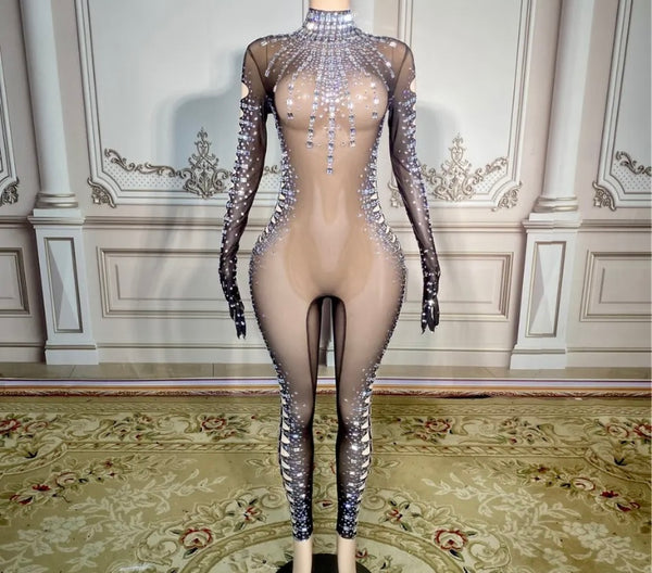 Women Mesh Bling Rhinestone Sexy Full Sleeve Jumpsuit