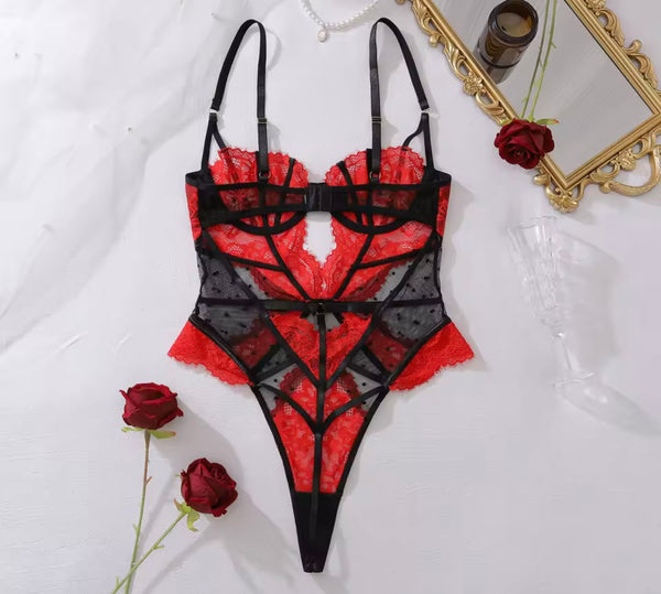 Women Sexy Color Patchwork Lace Bodysuit Lingerie