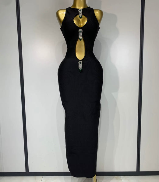 Women Sexy Sleeveless Crystal Rhinestone Cut Out Black Maxi Dress