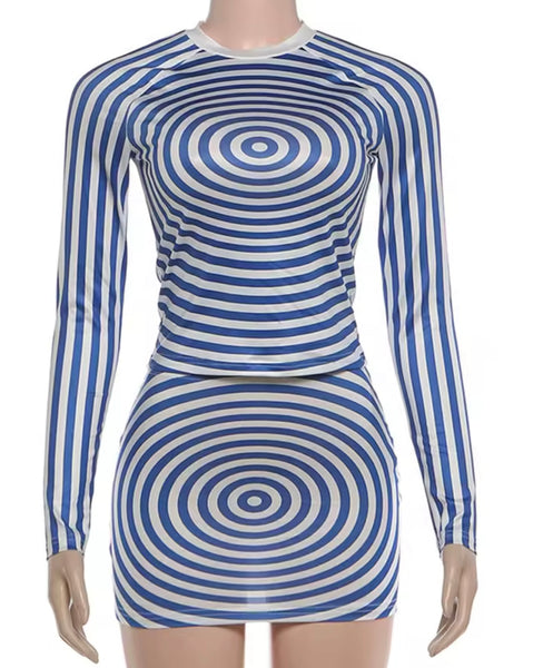 Women Sexy Blue/White Printed Full Sleeve Crop Two Piece Skirt Set