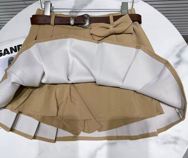 Women Fashion Khaki Jacket Two Piece Pleated Skirt Set