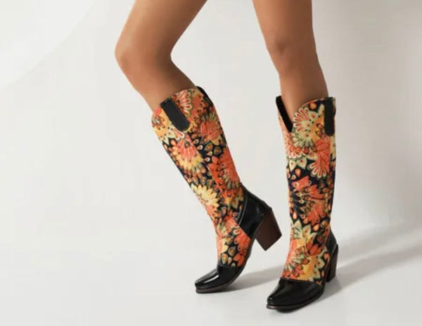 Women Fashion Printed Knee High Western Boots