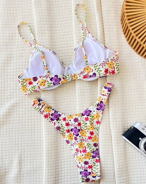 Women White Floral Print Sexy Bikini Swimsuit