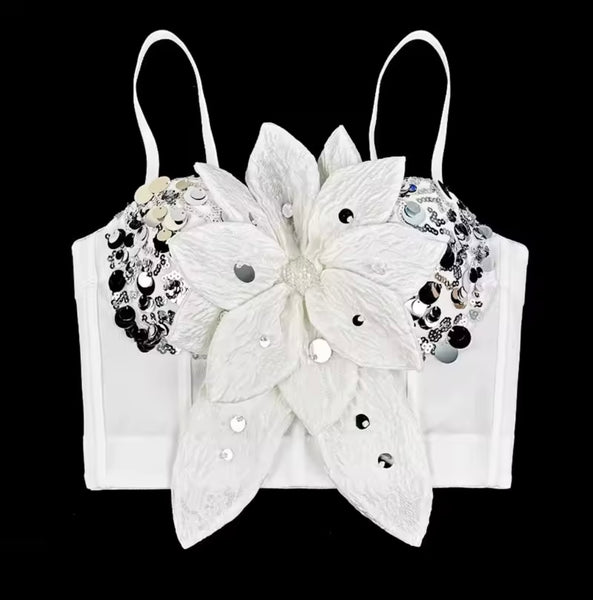Women Sleeveless Sequins Floral Crop Top