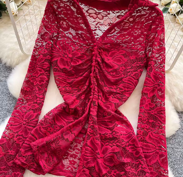 Women Sexy Fashion Lace Full Sleeve Blazer Two Piece Short Set