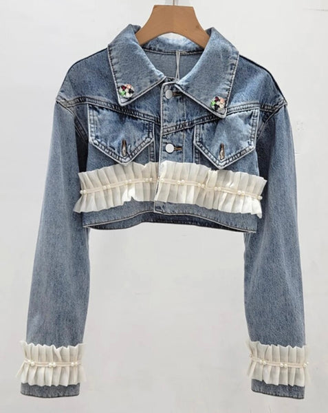 Women Fashion Ruffled Pearl Denim Crop Jacket