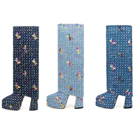 Women Fashion Platform Butterfly Denim Knee High Boots