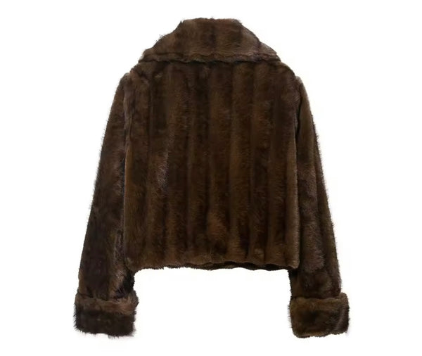 Women Sexy Fashion Brown Faux Fur Jacket Two Piece Skirt Set