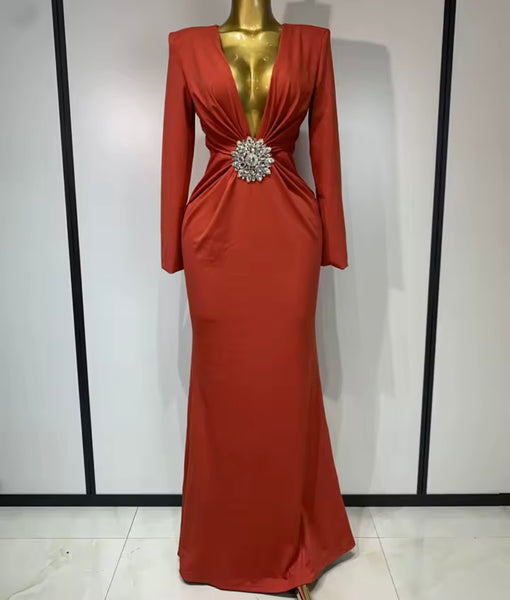 Women Sexy V-Neck Full Sleeve Ruched Rhinestone Maxi Dress