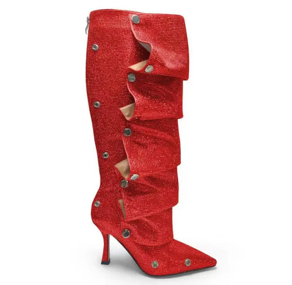 Women Fashion Pointed Toe Bling Button Knee High Boots
