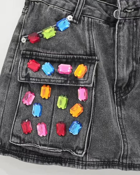 Women Fashion Color Crystal Patchwork Denim Skirt