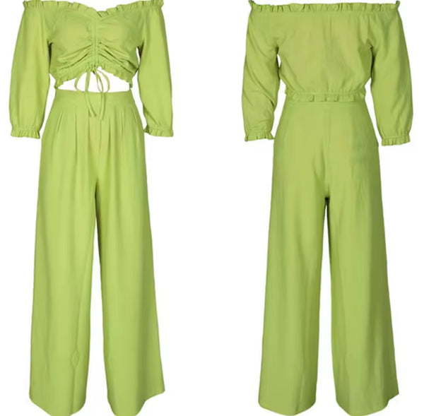 Women Off The Shoulder Full Sleeve Ruched Two Piece Pant Set