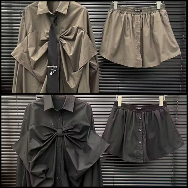 Women Fashion Bow Button Up Tie Full Sleeve Two Piece Skirt Set