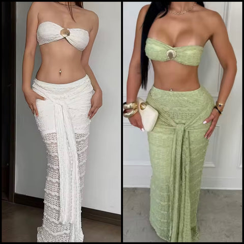 Women Sexy Strapless Crop Lave Two Piece Maxi Skirt Set