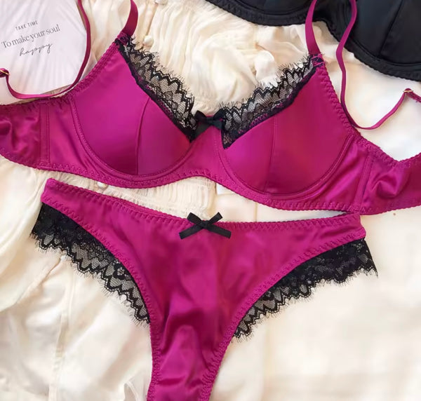 Women Sexy Satin Lace Bow Lingerie Set