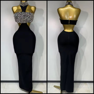 Women Sexy Sleeveless Black Crystal Cut Out Bandaged Maxi Dress
