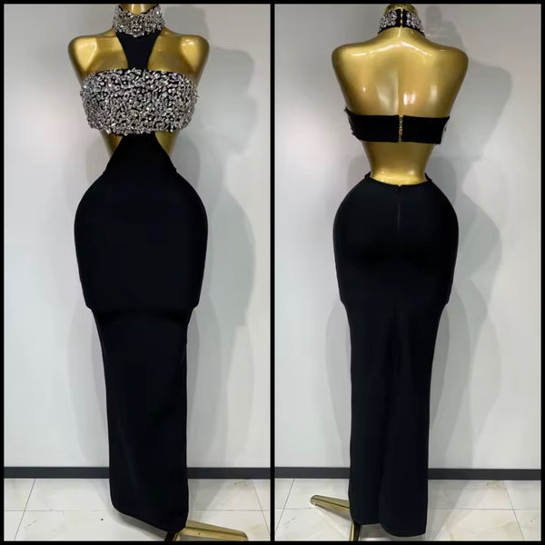 Women Sexy Sleeveless Black Crystal Cut Out Bandaged Maxi Dress