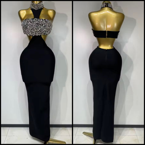 Women Sexy Sleeveless Black Crystal Cut Out Bandaged Maxi Dress