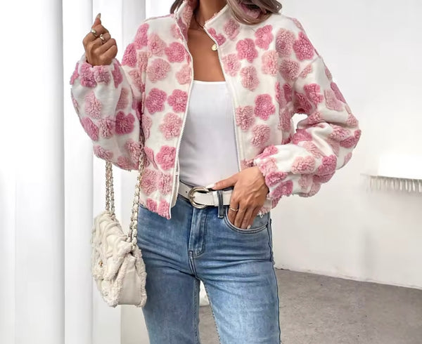 Women Zip Up Pink Floral Fashion Jacket