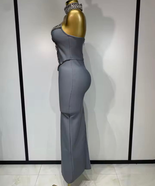 Women Sexy Choker Strapless Gray Rhinestone Maxi Dress