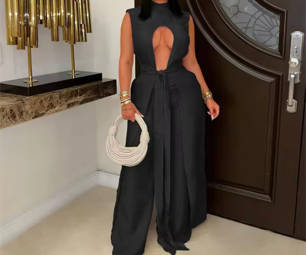 Women Cut Out Sleeveless Sexy Asymmetrical Two Piece Pant Set