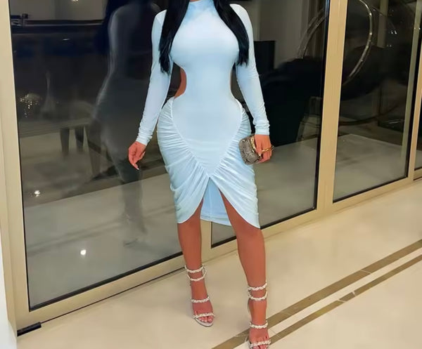 Women Sexy Full Sleeve Ruched Open Back Dress