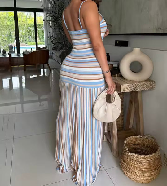 Women Sexy Sleeveless Striped Maxi Dress