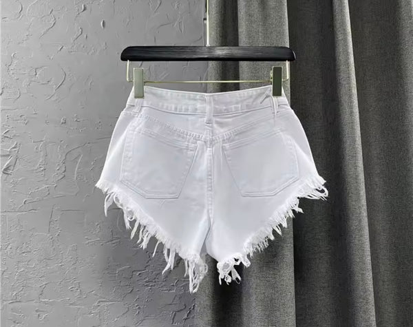 Women Fashion Ripped Fringe Denim Shorts