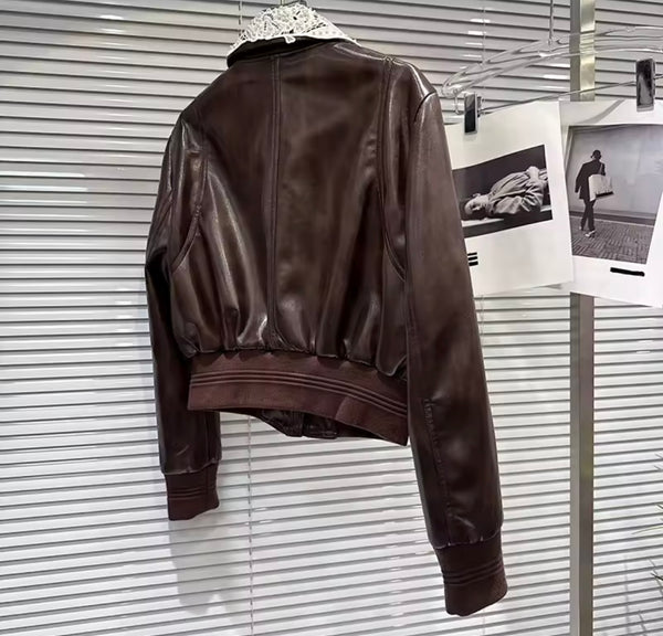 Women Brown Lace Patchwork Bow Faux Leather Jacket