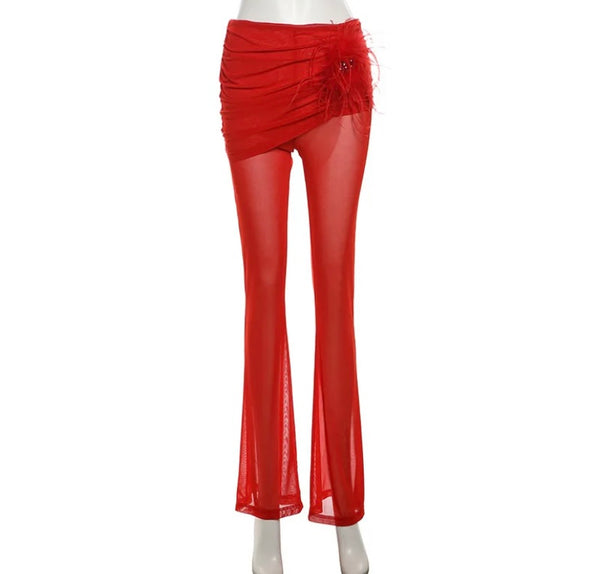 Women Sexy Sleeveless Feather Patchwork Mesh Two Piece Pant Set
