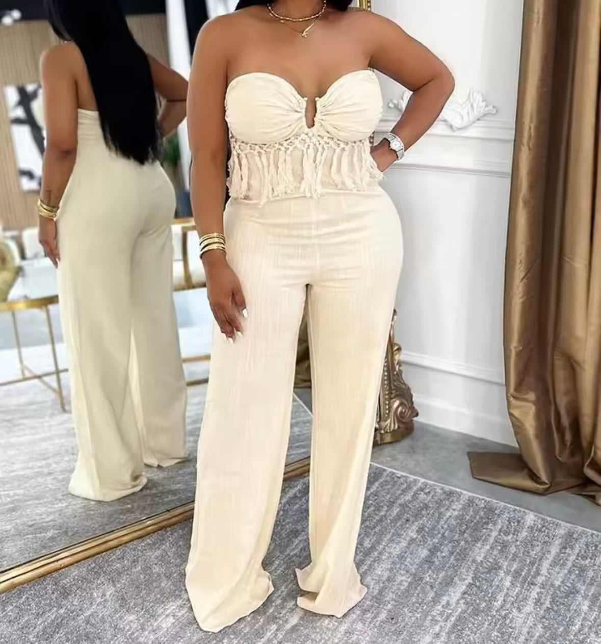 Women Color Strapless Fringe Fashion Jumpsuit